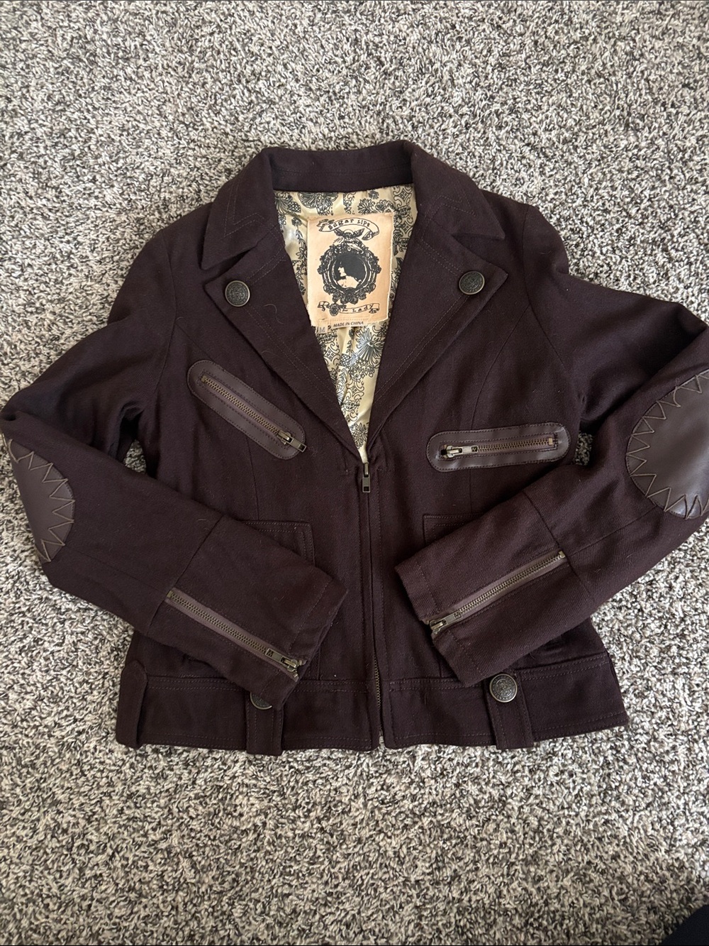 Sugarlips Chocolate Brown Zip-Front Women's Jacket with Elbow Patches